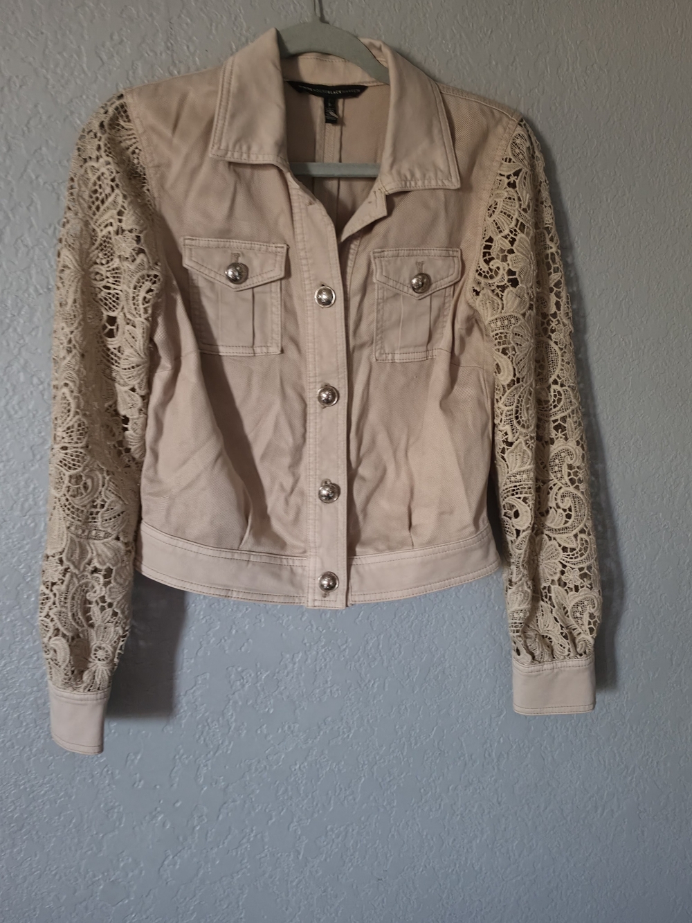 White House Black Market Cream Lace-Sleeve Jean Jacket